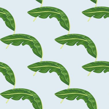Basit yeşil muz yaprağı izli el yapımı Hawaii tarzı kusursuz desenler. Hafif pastel arkaplan. Mevsimlik tekstil baskıları, kumaş, afişler, arkaplanlar ve duvar kağıtları için vektör illüstrasyonu.