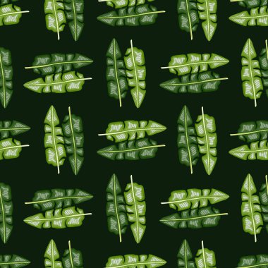 Yeşil tropikal muz yaprağı süsüsüyle soyut Hawaii yeşillikleri. Koyu yeşil arka plan. Kağıt ve kumaş dokuları için grafiksel tasarım. Vektör İllüstrasyonu.