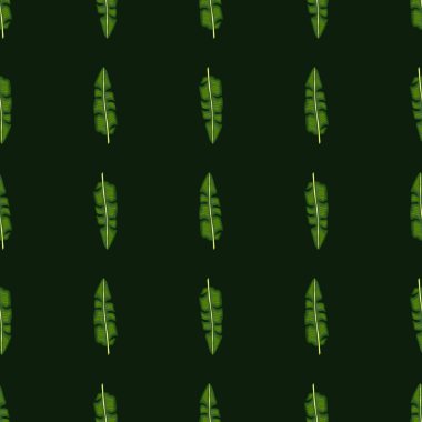 Yeşil palmiye yapraklı, minimalist, pürüzsüz karalama deseni. Siyah arka plan. Doğa süsü. Kağıt ve kumaş dokuları için grafiksel tasarım. Vektör İllüstrasyonu.