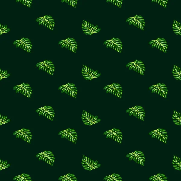 Naturdschungel Nahtloses Muster Mit Kleinen Leuchtend Grünen Monsterblättern Dunkelgrüner Hintergrund — Stockvektor