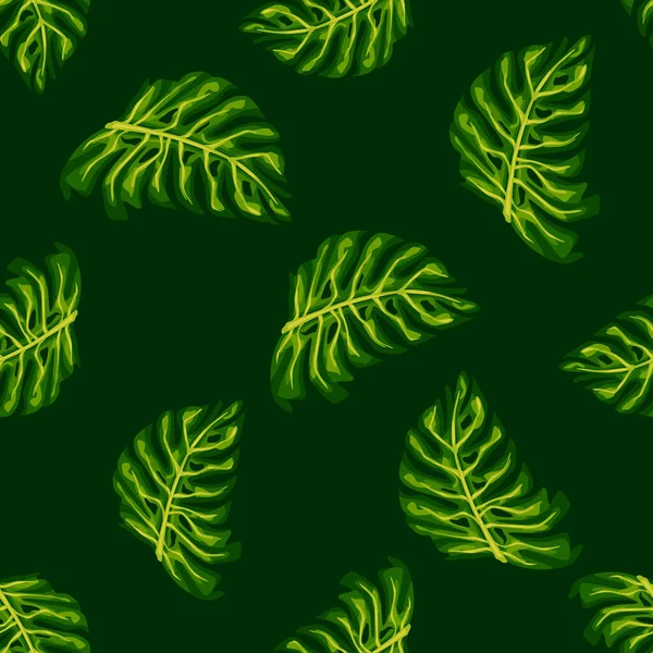 Экзотический Узор Пальмовой Ботвы Зелеными Листьями Чудовища Чёрный Фон Плоская — стоковый вектор