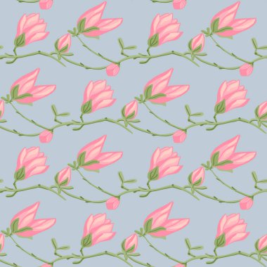 Mavi arka planda kusursuz desenli manolyalar. Bahar pembesi çiçekli güzel bir doku. Kumaş için geometrik çiçek şablonu. Tasarım vektörü illüstrasyonu.