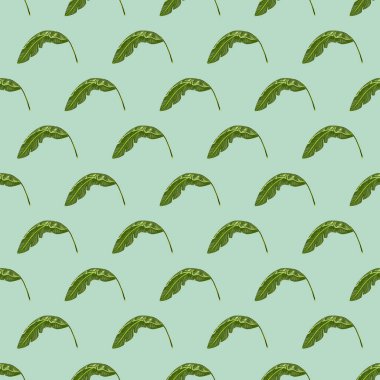 Yeşil küçük muz yapraklı, pürüzsüz orman deseni. Pastel mavi arka plan. Soyut stil. Mevsimlik tekstil baskıları, kumaş, afişler, arkaplanlar ve duvar kağıtları için vektör illüstrasyonu.