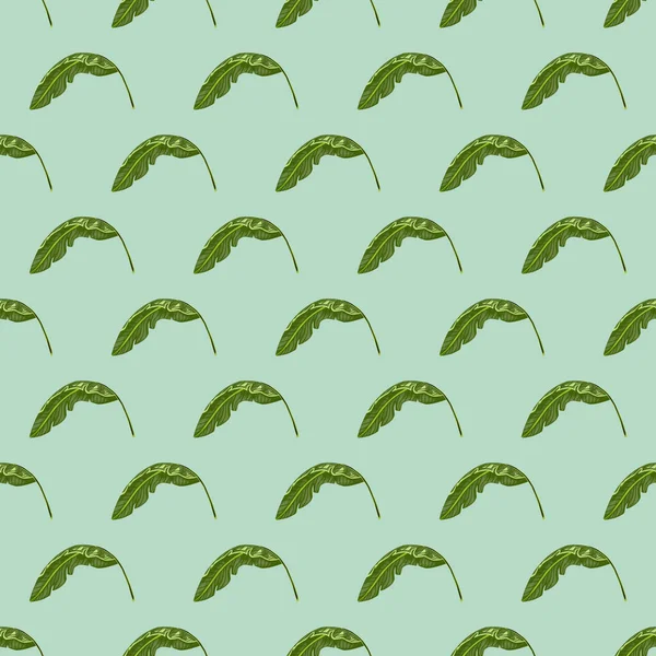 Yeşil küçük muz yapraklı, pürüzsüz orman deseni. Pastel mavi arka plan. Soyut stil. Mevsimlik tekstil baskıları, kumaş, afişler, arkaplanlar ve duvar kağıtları için vektör illüstrasyonu.