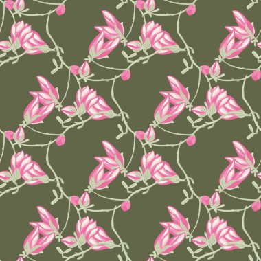 Yeşil arka planda kusursuz desenli manolyalar. Pembe çiçekli güzel bir süs. Kumaş için geometrik çiçek şablonu. Tasarım vektörü illüstrasyonu.