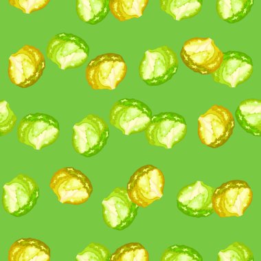 Parlak yeşil arka planda kusursuz desenli buzdağı salatası. Marullu modern süs. Kumaş için rastgele bitki şablonu. Tasarım vektörü illüstrasyonu.