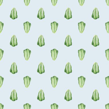 Pastel mavi arka planda kusursuz desenli Romano salatası. Marullu minimalizm süsü. Kumaş için geometrik bitki şablonu. Tasarım vektörü illüstrasyonu.