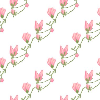 Beyaz arka planda kusursuz desenli manolyalar. Pembe çiçekli güzel bir süs. Kumaş için geometrik çiçek şablonu. Tasarım vektörü illüstrasyonu.