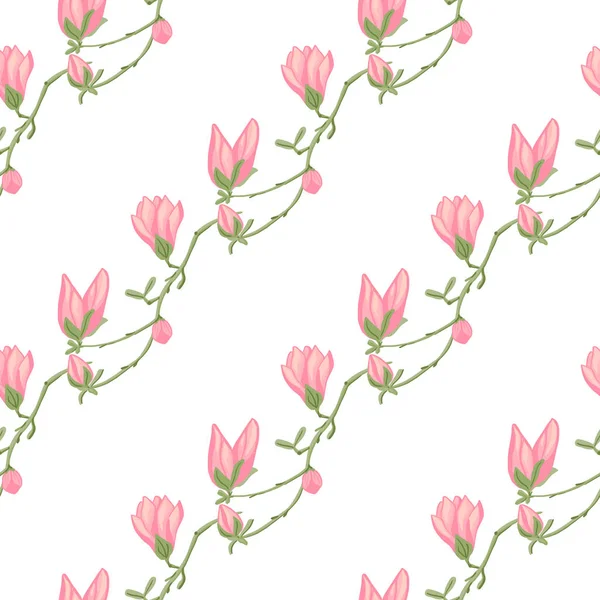 Απρόσκοπτη Μοτίβο Magnolias Λευκό Φόντο Όμορφο Στολίδι Ανοιξιάτικα Ροζ Λουλούδια — Διανυσματικό Αρχείο