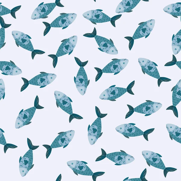 Açık gri arka planda kusursuz desenli balık. Deniz hayvanlarıyla modern bir süs. Kumaş için rastgele bir şablon. Tasarım vektörü illüstrasyonu.