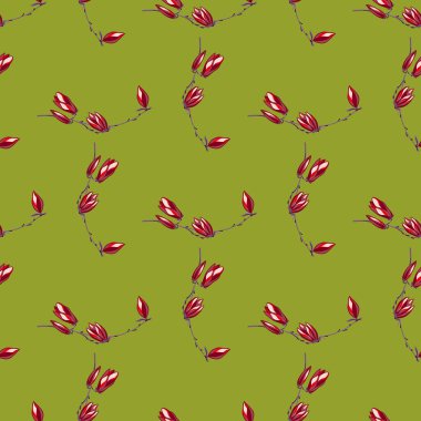 Parlak yeşil arka planda kusursuz desenli manolyalar. Kırmızı çiçekli güzel bir doku. Kumaş için geometrik çiçek şablonu. Tasarım vektörü illüstrasyonu.