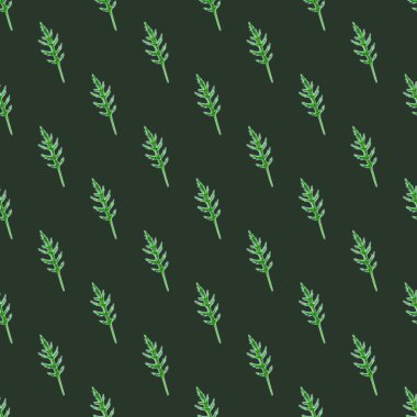 Koyu deniz mavisi arkaplanlı, kusursuz desenli roka salatası. Marullu minimalist bir süs. Kumaş için geometrik bitki şablonu. Tasarım vektörü illüstrasyonu.