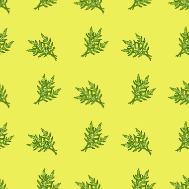 Sarı arka planda kusursuz desenli roka salatası. Marullu basit bir süs. Kumaş için geometrik bitki şablonu. Tasarım vektörü illüstrasyonu.