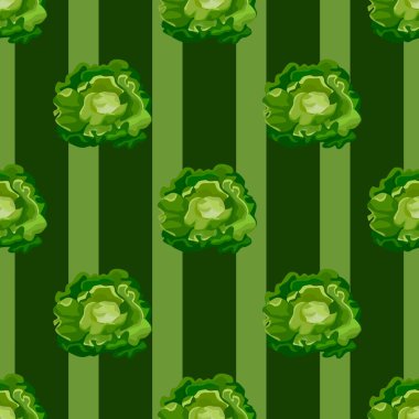 Koyu yeşil çizgili arka planda kusursuz bir Butterhead salatası. Marullu basit bir süs. Kumaş için geometrik bitki şablonu. Tasarım vektörü illüstrasyonu.
