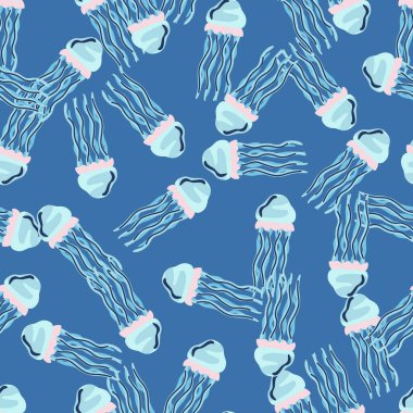 Parlak blie arka planda kusursuz desenli denizanası. Deniz hayvanlarıyla modern bir süs. Kumaş için rastgele bir şablon. Tasarım vektörü illüstrasyonu.