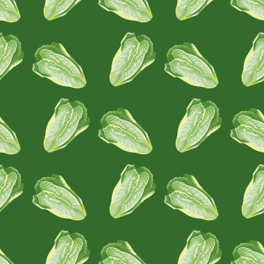 Yeşil arka planda kusursuz desenli Romano salatası. Marullu soyut süs. Kumaş için geometrik bitki şablonu. Tasarım vektörü illüstrasyonu.