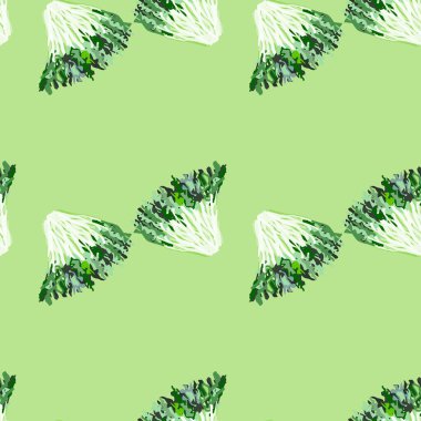 Açık yeşil arka planda pürüzsüz friz salatası. Marullu soyut süs. Kumaş için çapraz bitki kalıbı. Tasarım vektörü illüstrasyonu.