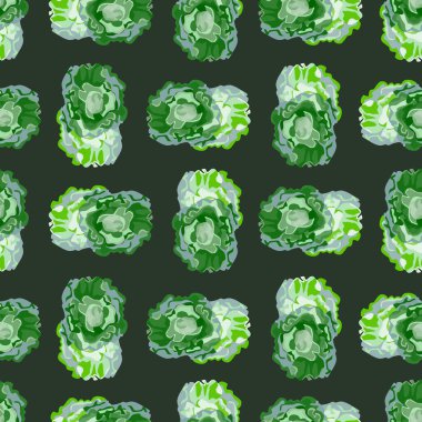 Koyu arkaplanda kusursuz bir Butterhead salatası. Marullu soyut süs. Kumaş için geometrik bitki şablonu. Tasarım vektörü illüstrasyonu.