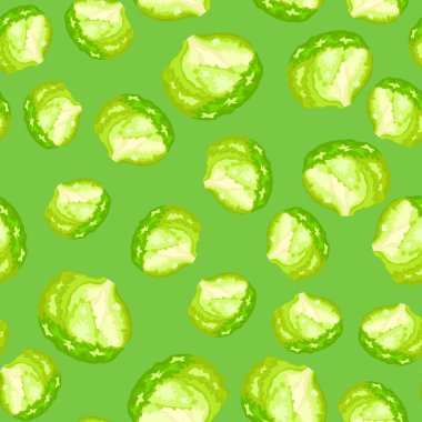 Parlak yeşil arka planda kusursuz desenli buzdağı salatası. Marullu modern süs. Kumaş için rastgele bitki şablonu. Tasarım vektörü illüstrasyonu.