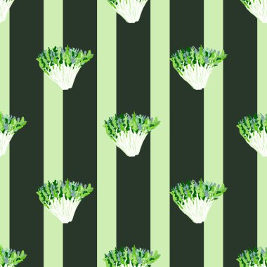 Koyu çizgili arka planda pürüzsüz friz salatası. Marullu soyut süs. Kumaş için geometrik bitki şablonu. Tasarım vektörü illüstrasyonu.