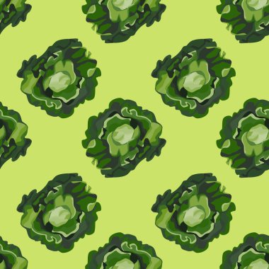 Pastel yeşil arka planda kusursuz bir Butterhead salatası. Marullu modern süs. Kumaş için çapraz bitki kalıbı. Tasarım vektörü illüstrasyonu.
