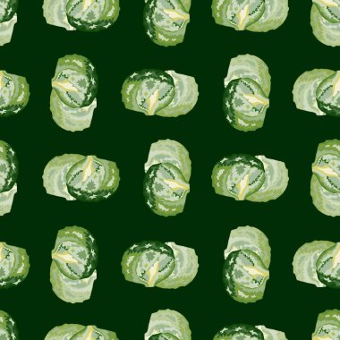 Koyu yeşil arka planda kusursuz buzdağı salatası. Marullu modern süs. Kumaş için geometrik bitki şablonu. Tasarım vektörü illüstrasyonu.