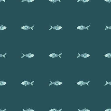 Deniz mavisi arkaplanındaki kusursuz desenli balıklar. Deniz hayvanlarıyla süslenmiş soyut bir süs. Kumaş için geometrik şablon. Tasarım vektörü illüstrasyonu.