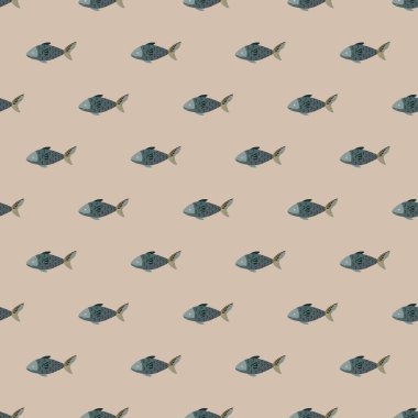 Bej arka planda kusursuz desenli balık. Deniz hayvanlarıyla minimalist bir süs. Kumaş için geometrik şablon. Tasarım vektörü illüstrasyonu.