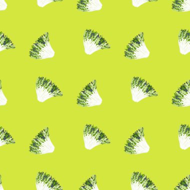 Kusursuz desenli, parlak arka planda friz salatası. Marullu basit bir süs. Kumaş için geometrik bitki şablonu. Tasarım vektörü illüstrasyonu.