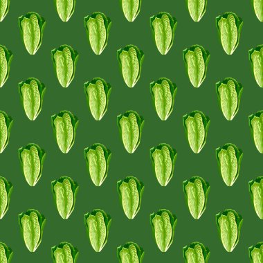 Parlak yeşil arka planda kusursuz desenli Romano salatası. Marullu minimalizm süsü. Kumaş için geometrik bitki şablonu. Tasarım vektörü illüstrasyonu.