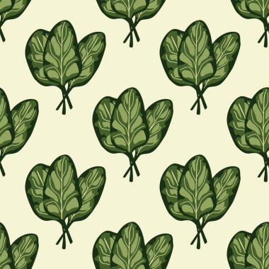 Bej arka planda kusursuz desenli ıspanak salatası. Marullu basit bir süs. Kumaş için geometrik bitki şablonu. Tasarım vektörü illüstrasyonu.