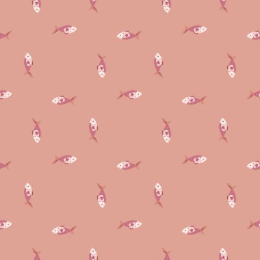 Pastel pembe arka planda kusursuz desenli balık. Deniz hayvanlarıyla süslenmiş soyut bir süs. Kumaş için geometrik şablon. Tasarım vektörü illüstrasyonu.