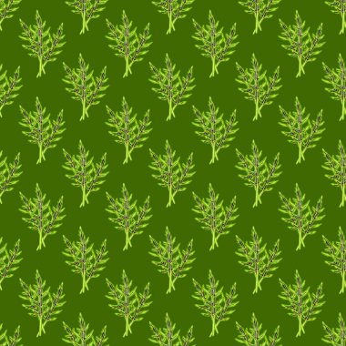 Açık yeşil arka planda, kusursuz desenli roka salatası. Marullu basit bir süs. Kumaş için geometrik bitki şablonu. Tasarım vektörü illüstrasyonu.