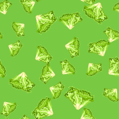 Parlak yeşil arka planda kusursuz bir Batavia salatası. Marullu basit bir süs. Kumaş için rastgele bitki şablonu. Tasarım vektörü illüstrasyonu.