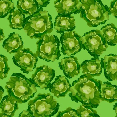 Parlak yeşil arka planda kusursuz bir Butterhead salatası. Marullu modern süs. Kumaş için rastgele bitki şablonu. Tasarım vektörü illüstrasyonu.
