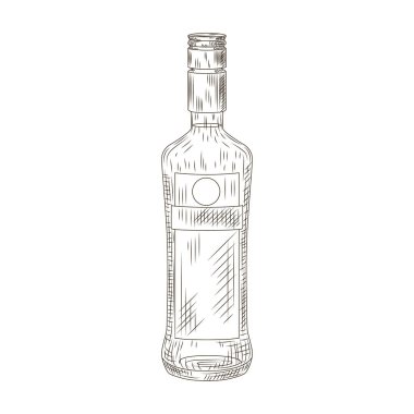 Beyaz arka planda izole edilmiş şişe schnapps. Kabartmalı bir şişe. Klasik eskiz, siyah taslak, yakın plan. Vektör illüstrasyon tasarımı.
