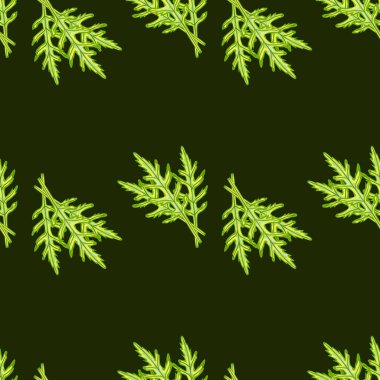 Koyu yeşil arka planda, kusursuz desenli roka salatası. Marullu basit bir süs. Kumaş için geometrik bitki şablonu. Tasarım vektörü illüstrasyonu.