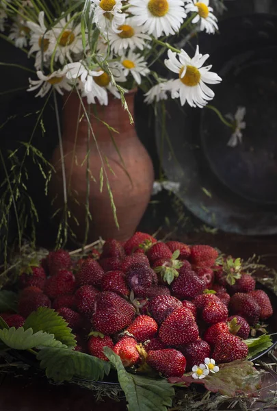 Bir demet taze çilek ve yabani papatyalarla dolu kır kil sürahisi. Ahşap masa üzerinde koyu arka plan, seçici odak, dikey, seçici odak, sade anahtar..