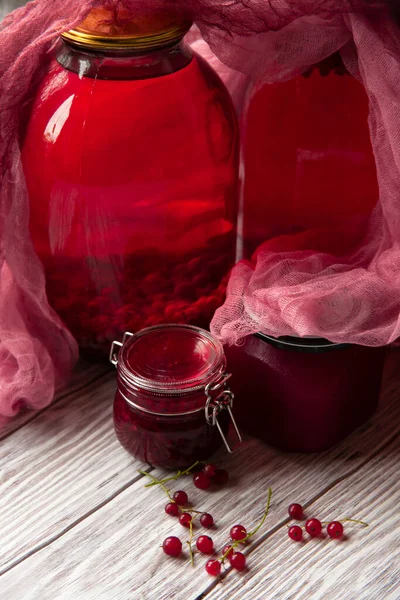 Red currant home made jam and compot with fresh fruits — Stock Photo, Image