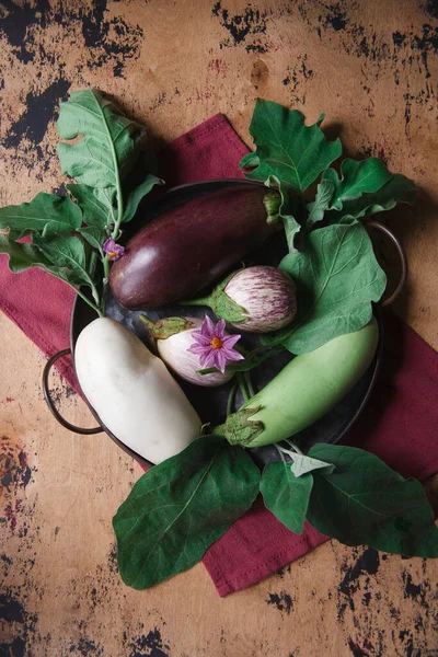 Grupo de berinjelas brancas, verdes, violetas e listradas com folhas e flores na mesa de madeira — Fotografia de Stock