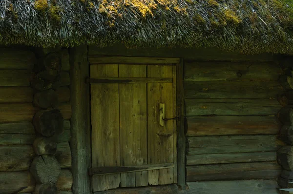 Fragment Starego Drewnianego Domu Drzwiami Strzechą — Zdjęcie stockowe