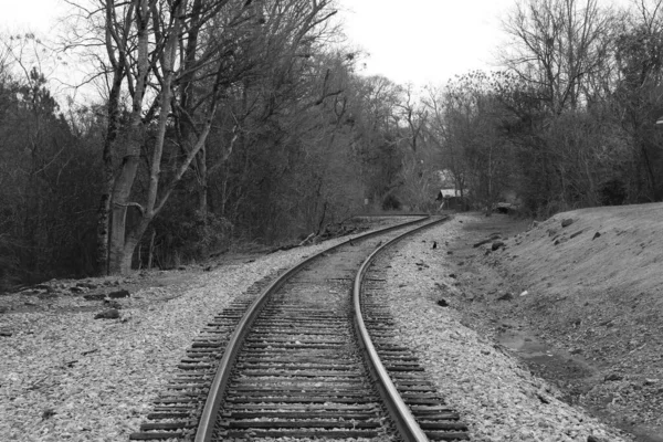 Ein Einziger Gruseliger Zug Der Schwarz Weiß Die Ferne Führt — Stockfoto