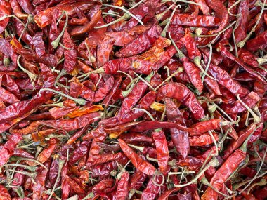 Doğal güneş ışığı altında çiftçi pazarında düzenlenmiş kırmızı biber yığını.