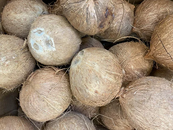 Vista Vicino Del Mucchio Noci Cocco Mercato Agricoltori Alimentari Alla — Foto Stock