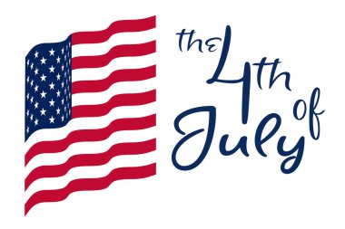 Amerikan bayrağını sallayarak Temmuz ayı yazılı davetiye illüstrasyon kartıyla ileri geri