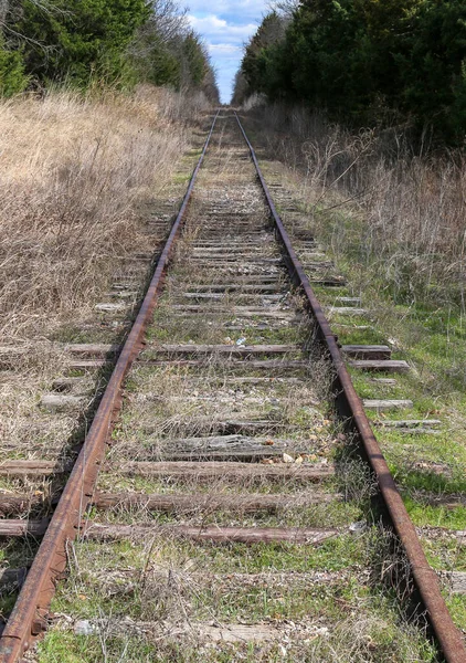 Nahaufnahme Von Ländlichen Eisenbahngleisen Die Den Ländlichen Horizont Führen — Stockfoto