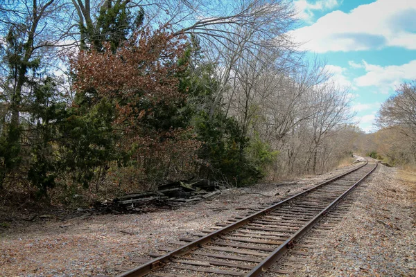 Eine Ländliche Eisenbahn Führt Durch Die Landschaft Mit Blauem Himmel — Stockfoto