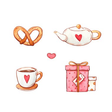 Aşk, sevgililer günü ve suluboya resimleme konsepti. Elle çizilmiş bir fincan kahve, kalp, çaydanlık ve hediye kutuları ve beyaz arka planda izole edilmiş kraker..