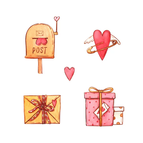 情人节和水彩画的概念 手工绘制的一组邮筒 带别针的心脏 礼品盒和信封中的信件 以白色背景隔开 — 图库照片