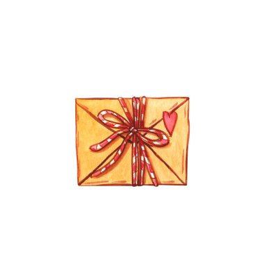 Sevgililer Günü aşk mesajının suluboya çizimi ya da beyaz kalple izole edilmiş dantelle bağlanmış eski kağıt bir zarfın içindeki mektup. Posta dağıtımı ve posta konsepti